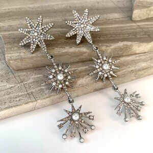 NEW~ Anthropologie Crystal and Pearl Cascading Star Burst Silver Earrings